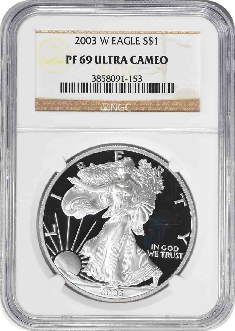 NGC PF69 Ultra Cameo 2003-W American Silver Eagle Dollar: NGC PF69 Ultra Cameo 2003-W American Silver Eagle Dollar 2003-W American Silver Eagle proof coin certified by NGC with a PF69 Ultra Cameo grade. It contains 1 oz of silver and was struck by the U.S. M
