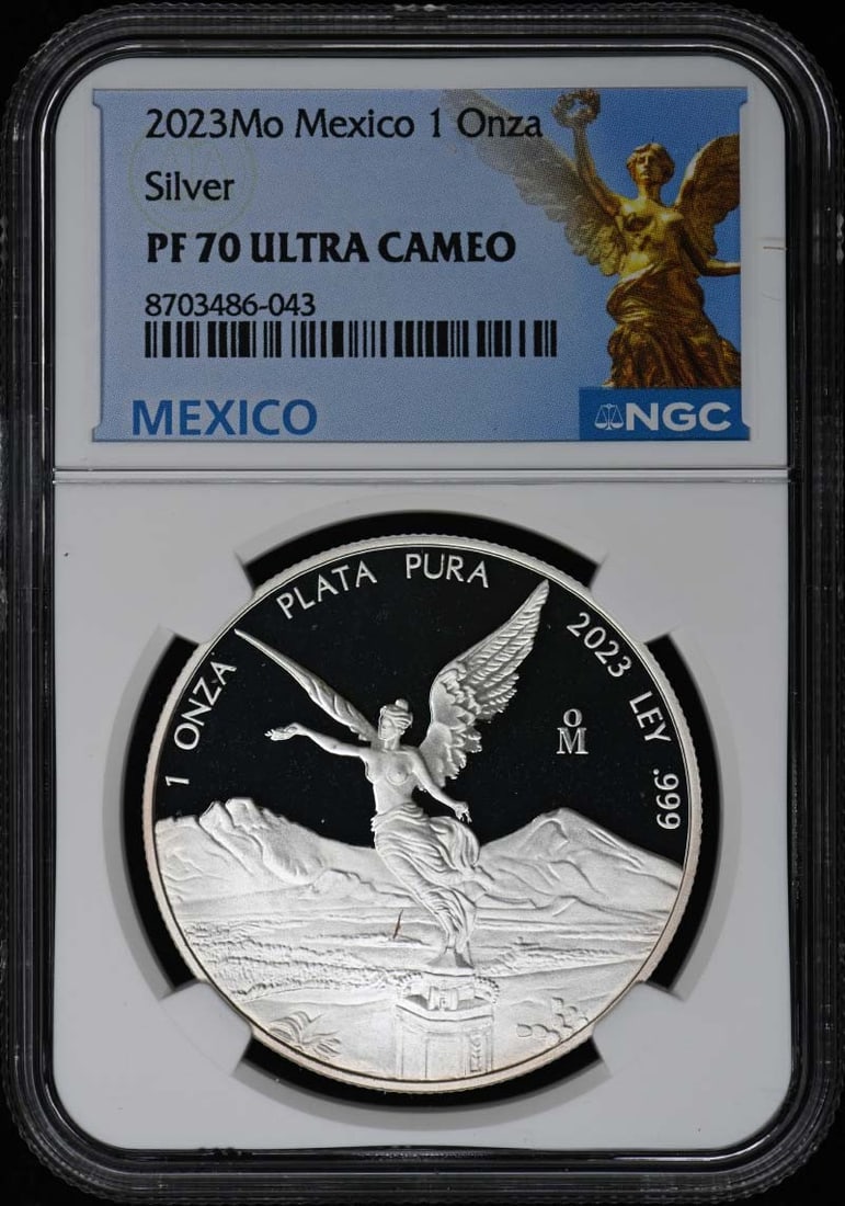 2023 Mexico 1 Onza Silver NGC PR70DCAM: 2023 Mexico 1 Onza Silver NGC PR70DCAM This is a 2023 Mexico Silver 1 Onza coin graded PR70 by NGC. The coin is uncirculated and comes certified with the provided NGC certification number. It is a pre