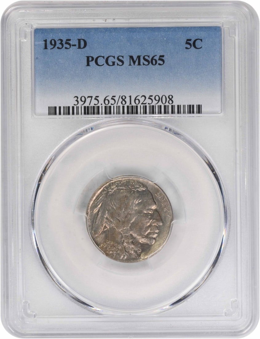 PCGS MS65 1935-D Buffalo 5C Nickel: PCGS MS65 1935-D Buffalo 5C Nickel This is a 1935-D Buffalo Nickel graded MS65 by PCGS. The coin is uncirculated and features the classic Buffalo design. It is composed of nickel and originates from t