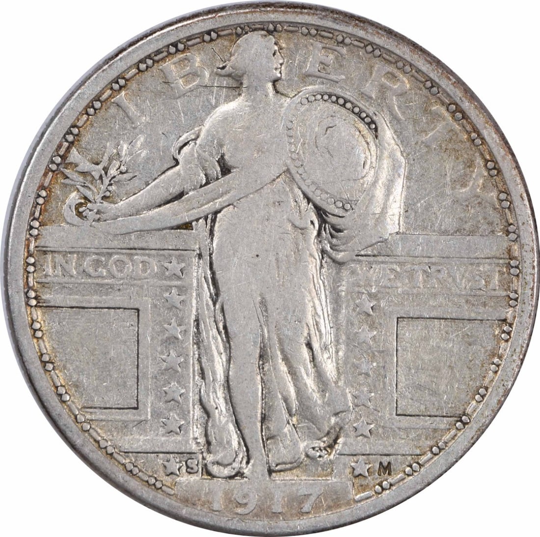 1917-S Standing Liberty Quarter 25C Silver 90% Uncertified: 1917-S Standing Liberty Quarter 25C Silver 90% Uncertified This 1917-S Standing Liberty Silver Quarter Type 1 is a notable piece for collectors, featuring a striking design by Hermon A. Mac Neil. The 