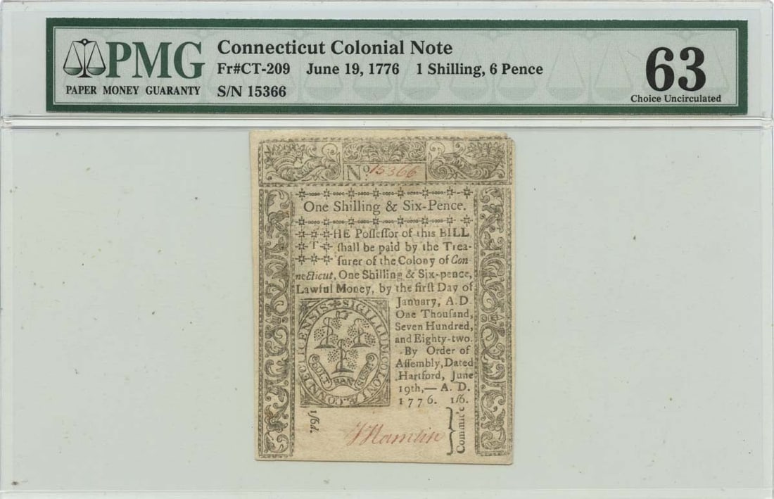 Connecticut 1s6d Colonial Currency June 19 1776 FR#CT-209 PMG MS63 (1 of 2)