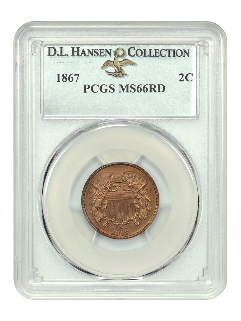 PCGS MS66RD 1867 Two Cent Coin ex D.L. Hansen: PCGS MS66RD 1867 Two Cent Coin ex D.L. Hansen 1867 Two Cent coin graded PCGS MS66RD and certified by PCGS. It is an uncirculated Philadelphia issue with bright mint red and red-orange color, boldly st