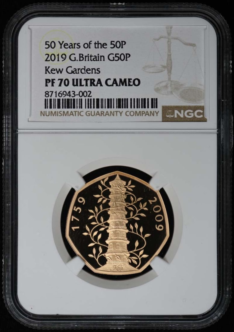 2019 NGC PR70 Kew Gardens Gold 50 Pence United Kingdom Proof Coin: 2019 NGC PR70 Kew Gardens Gold 50 Pence United Kingdom Proof Coin This 2019 Great Britain Kew Gardens G50P gold coin is graded PR70DCAM by NGC, indicating a flawless uncirculated proof condition. With