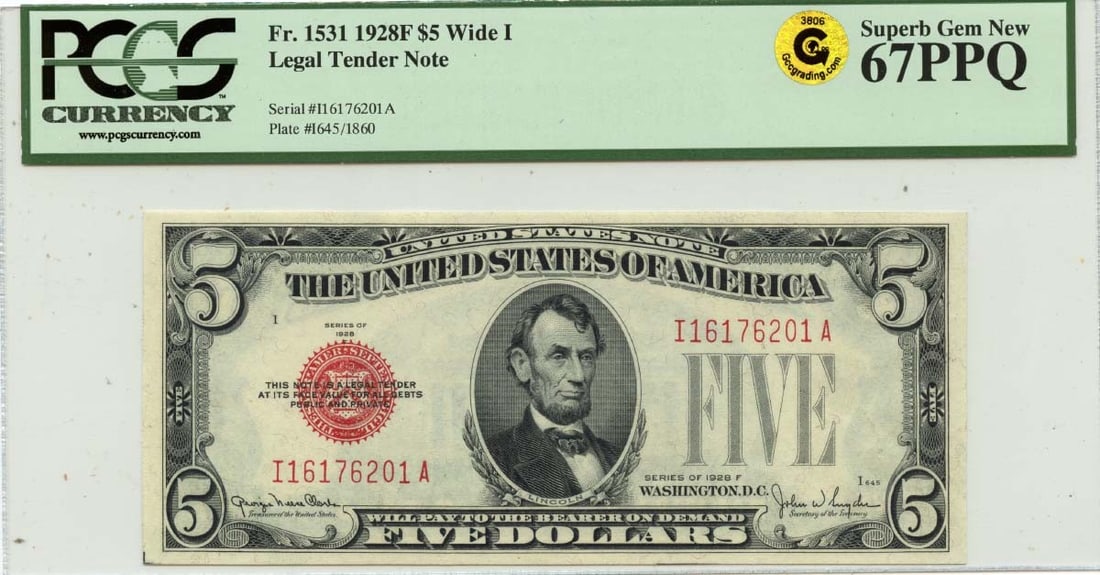 1928 $5 Legal Tender United States Note PCGS GEM 67 PPQ FR1531 Wide I: 1928 $5 Legal Tender United States Note PCGS GEM 67 PPQ FR1531 Wide I This 1928F $5 Legal Tender Note features the wide I variety and has been graded MS67 by PCGS Currency, earning the distinction of 