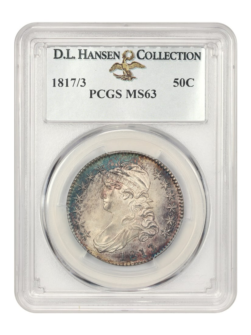 PCGS MS63 1817 50C Capped Bust Half Dollar ex D.L. Hansen: PCGS MS63 1817 50C Capped Bust Half Dollar ex D.L. Hansen An 1817/3 Capped Bust Half Dollar graded PCGS MS63 and certified by PCGS. The coin is listed as uncirculated and is noted as nearly impossible