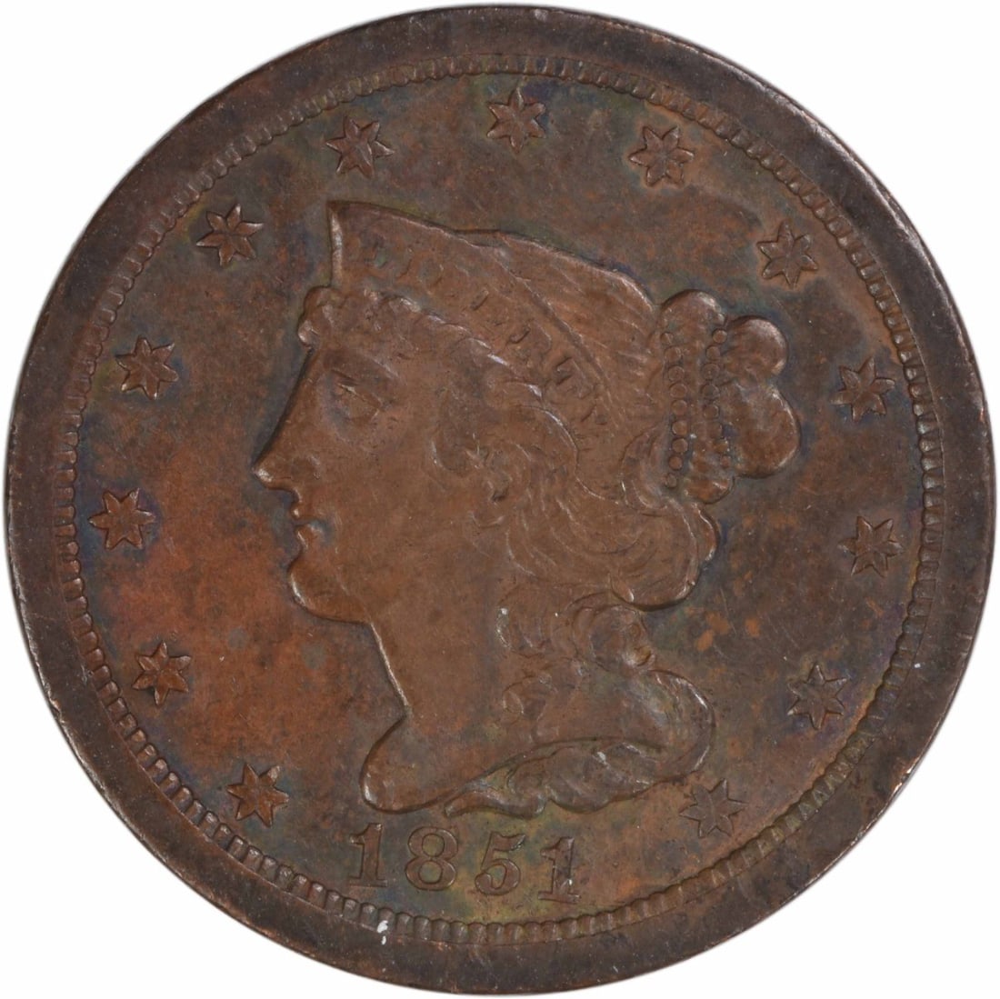 1851 Braided Hair Half Cent EF Grade Philadelphia Mint Uncertified Copper Coin: 1851 Braided Hair Half Cent EF Grade Philadelphia Mint Uncertified Copper Coin This 1851 Braided Hair Half Cent from the United States is a pre-owned, circulated coin featuring the design by Christian