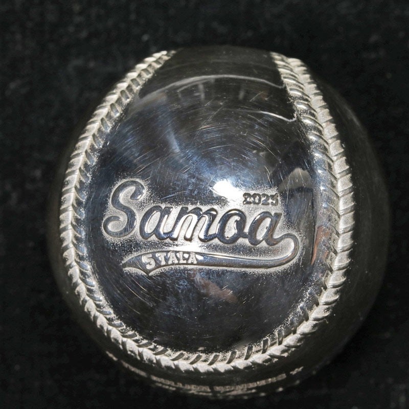 2025 Samoa 5 Tala 2 oz Silver Baseball Sphere Proof with OGP COA: 2025 Samoa 5 Tala 2 oz Silver Baseball Sphere Proof with OGP COA This 2025 Samoa 5 Tala coin is struck in 2 ounces of 0.999 fine silver and features a 3D baseball spherical design with a proof finish.