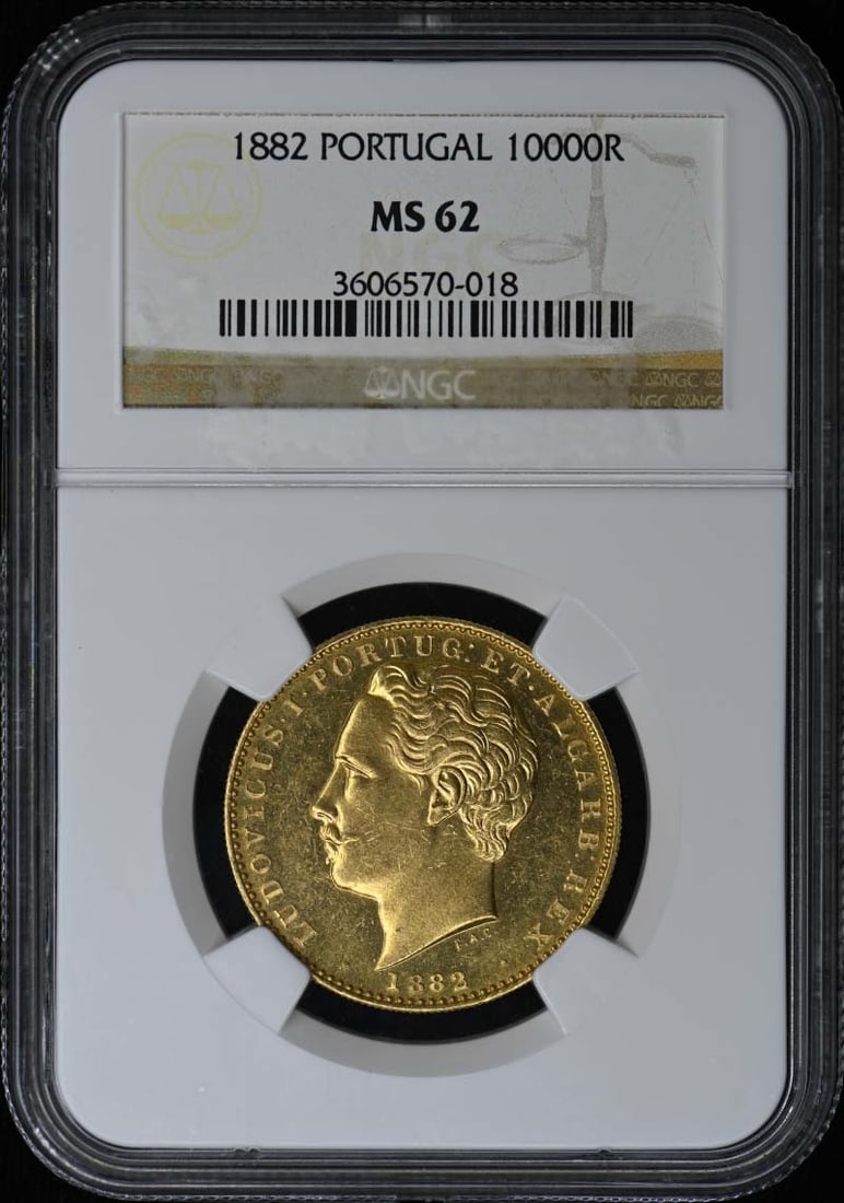NGC Certified 1882 10000 Reis Portugal Gold Coin MS62 Mintage 15000: NGC Certified 1882 10000 Reis Portugal Gold Coin MS62 Mintage 15000 This 1882 Portugal 10000 Reis gold coin is certified by NGC with a grade of MS62. It is an uncirculated, pre-owned coin with a minta