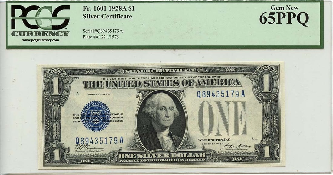 1928A $1 Silver Certificate Blue Woods Fr# 1601 PCGS GEM 65 PPQ: 1928A $1 Silver Certificate Blue Woods Fr# 1601 PCGS GEM 65 PPQ This 1928A $1 Silver Certificate features a striking blue design with the portrait of William McKinley. Certified by PCGS Currency, it h