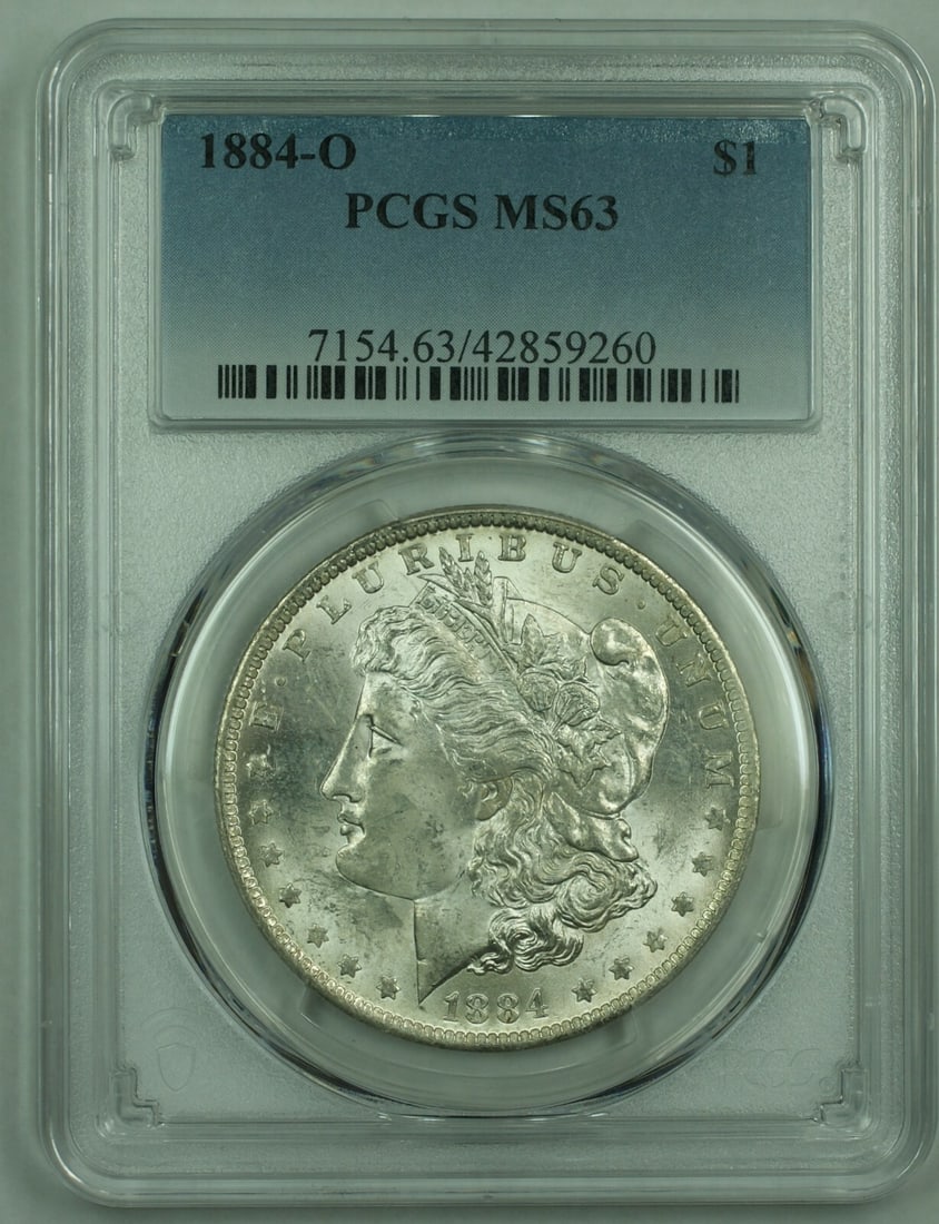 PCGS MS-63 1884-O Morgan Dollar Uncirculated New Orleans Mint Silver: PCGS MS-63 1884-O Morgan Dollar Uncirculated New Orleans Mint Silver This 1884-O Morgan Silver Dollar is graded MS-63 by PCGS, indicating its uncirculated condition. Minted in New Orleans, it features