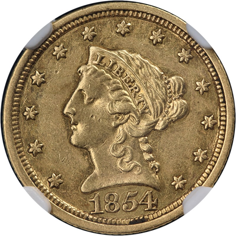 1854 O Liberty Quarter Eagle NGC AU55 Gold Coin: 1854 O Liberty Quarter Eagle NGC AU55 Gold Coin This 1854-O Liberty Gold $2.50 coin is graded AU55 by NGC. It features decent eye appeal, a nice strike, and retains good color and surfaces. The coin i