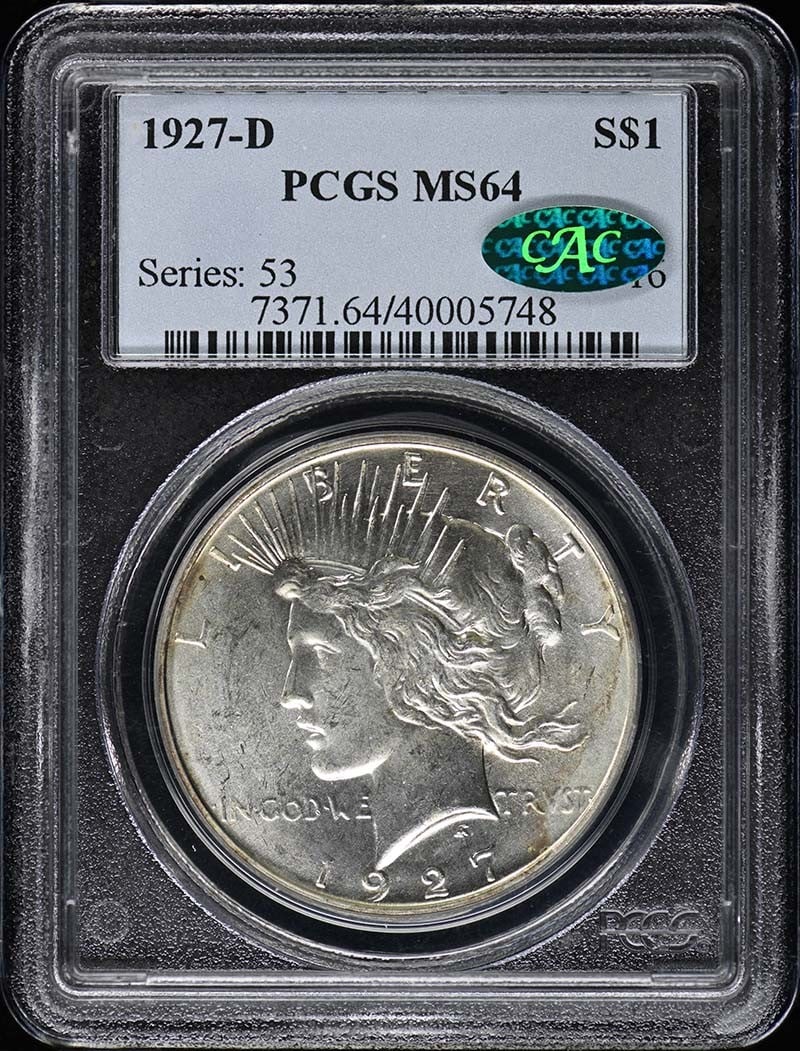 1927-D Peace Dollar PCGS MS64 CAC Certification Uncirculated: 1927-D Peace Dollar PCGS MS64 CAC Certification Uncirculated This 1927-D Peace Dollar is a remarkable piece of numismatic history, certified by PCGS with a grade of MS64. Struck in Denver, this uncirc