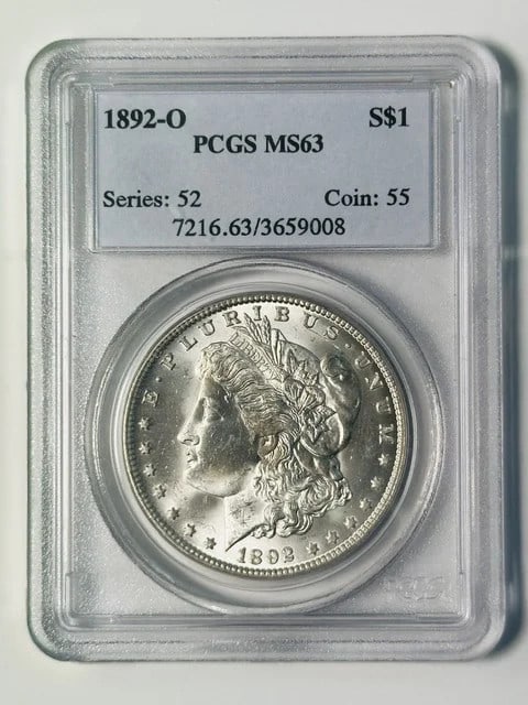PCGS MS-63 1892-O Morgan Silver Dollar $1: PCGS MS-63 1892-O Morgan Silver Dollar $1 1892-O Morgan Silver Dollar certified by PCGS and graded MS 63. This pre-owned coin is composed of silver and has a dollar denomination. Minted in 1892 at New
