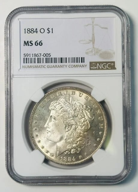 NGC MS-66 1884 O Morgan Silver Dollar: NGC MS-66 1884 O Morgan Silver Dollar 1884-O Morgan Silver Dollar certified by NGC and graded MS 66. This pre-owned coin is composed of silver and has a dollar denomination. It was minted in New Orlea
