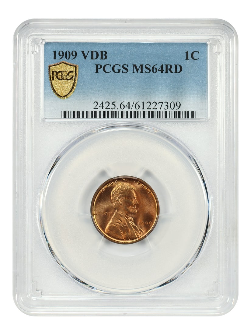 PCGS MS64RD 1909 VDB Lincoln Wheat Cent 1C RD: PCGS MS64RD 1909 VDB Lincoln Wheat Cent 1C RD 1909 VDB Lincoln Cent with Wheat Reverse, graded PCGS MS64RD. This popular first-year issue features the designer's initials (VDB) added to the reverse. I