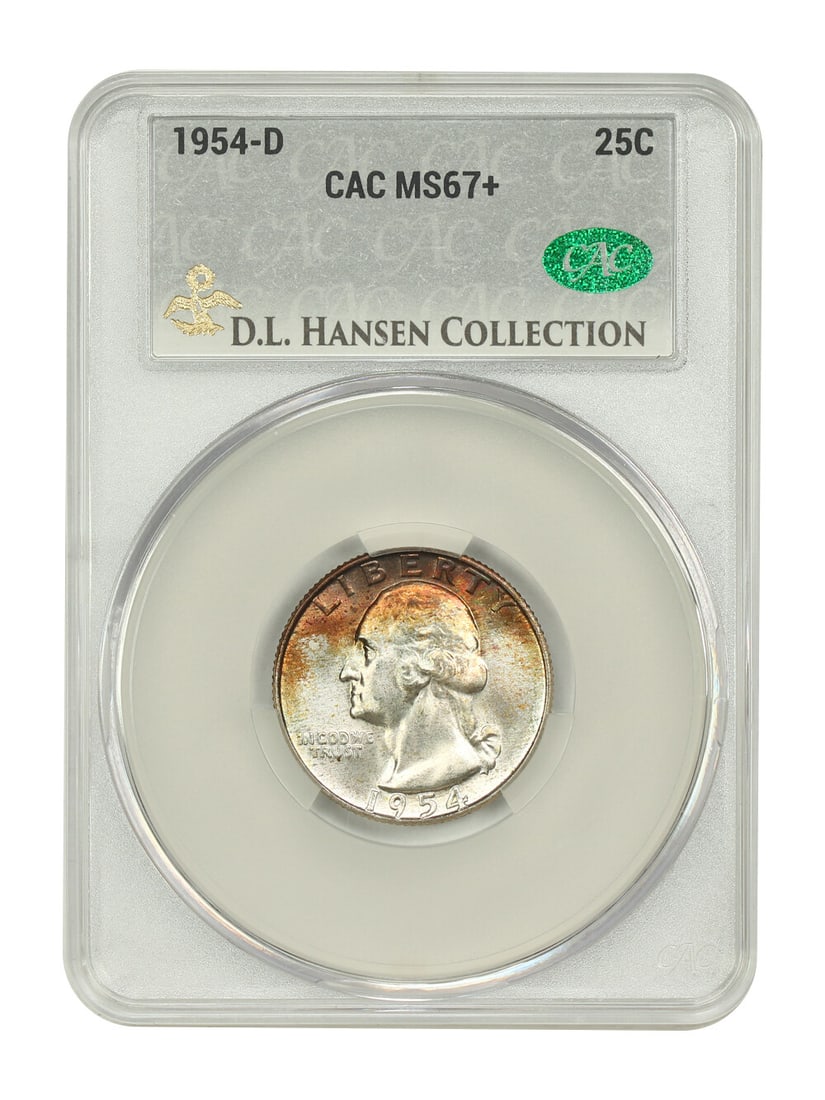 1954-D Washington Quarter CACG MS67+ D.L. Hansen Uncirculated: 1954-D Washington Quarter CACG MS67+ D.L. Hansen Uncirculated This 1954-D Washington Quarter is certified by CACG with a grade of MS67+, reflecting its exceptional quality and uncirculated condition. 