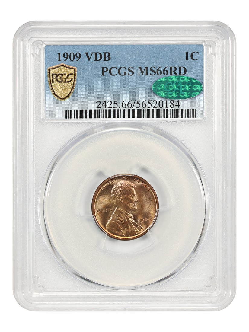 PCGS CAC 1909 VDB Lincoln Wheat Cent 1C MS66RD: PCGS CAC 1909 VDB Lincoln Wheat Cent 1C MS66RD 1909 VDB 1C Lincoln Cent (Wheat Reverse), certified by PCGS and CAC-approved, with MS66RD grade. This popular first-year issue features the designer's in