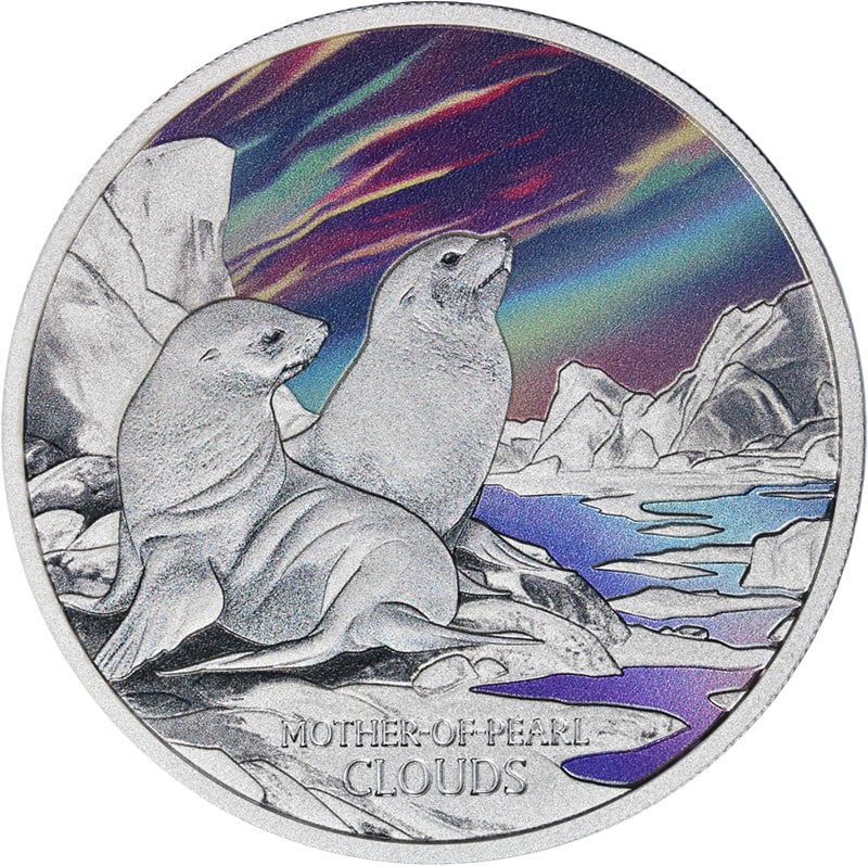 2025 Tuvalu 1 Oz Silver $1 Coin Mother of Pearl Clouds Fur Seals OGP COA: 2025 Tuvalu 1 Oz Silver $1 Coin Mother of Pearl Clouds Fur Seals OGP COA This 2025 Tuvalu 1 Ounce Silver $1 coin showcases a stunning design featuring Mother of Pearl Clouds and Fur Seals. With a comp