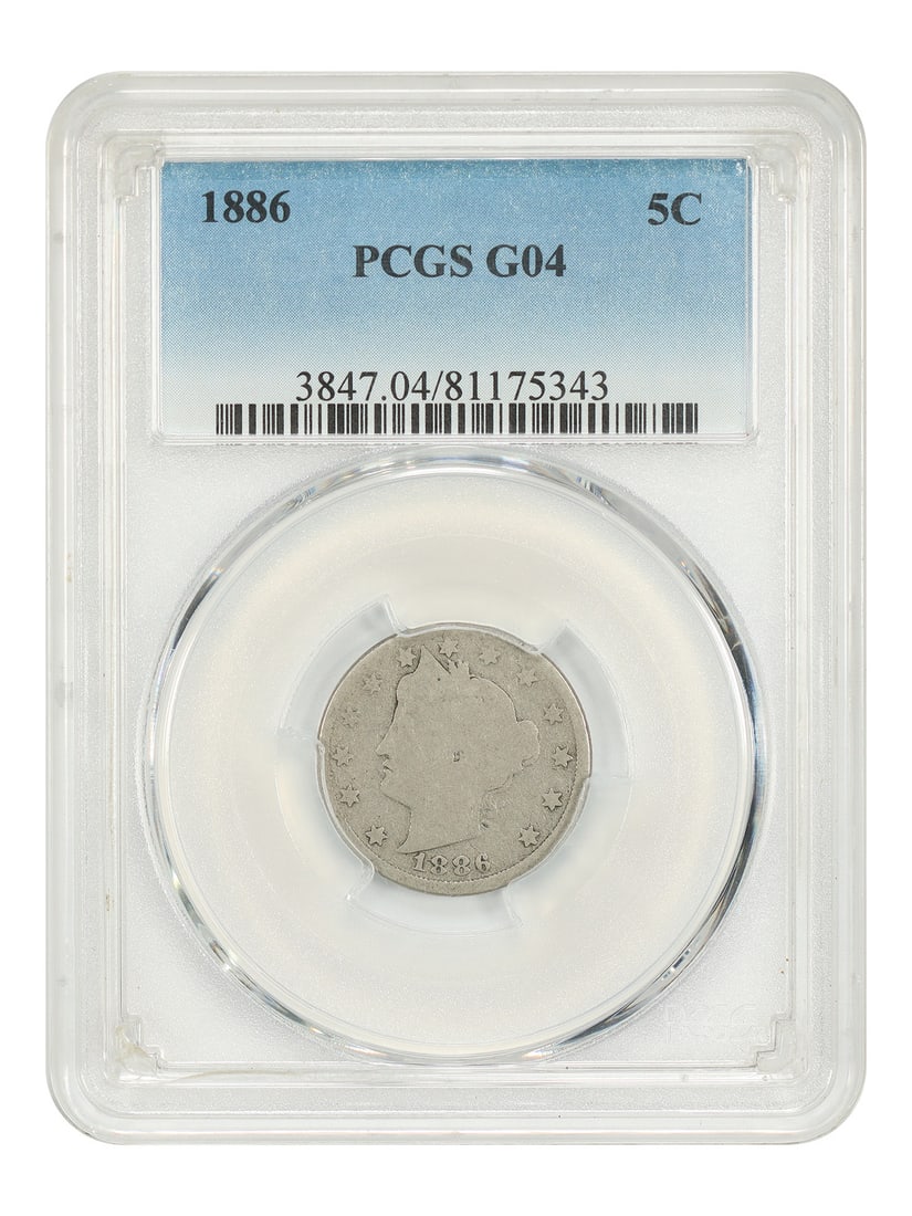 Key Date 1886 Liberty Nickel 5C PCGS Good 04: Key Date 1886 Liberty Nickel 5C PCGS Good 04 1886 Liberty Nickel 5C from the Philadelphia Mint, certified by PCGS and graded Good 04. This circulated, pre-owned coin is identified as a key date and ca