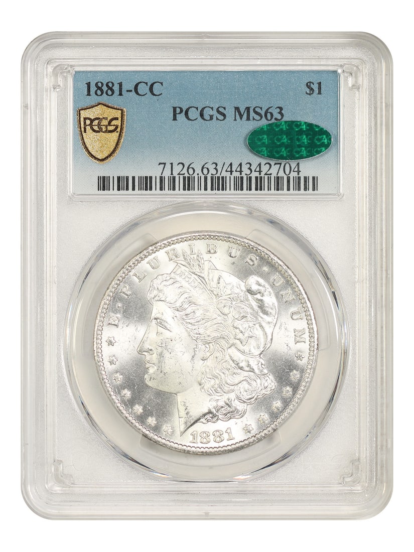 1881-CC Morgan Dollar $1 PCGS MS63 CAC Carson City: 1881-CC Morgan Dollar $1 PCGS MS63 CAC Carson City 1881-CC Morgan Dollar $1 graded MS63 by PCGS with CAC approval. This uncirculated Carson City issue is a popular Better CC-Mint Dollar, with only 296