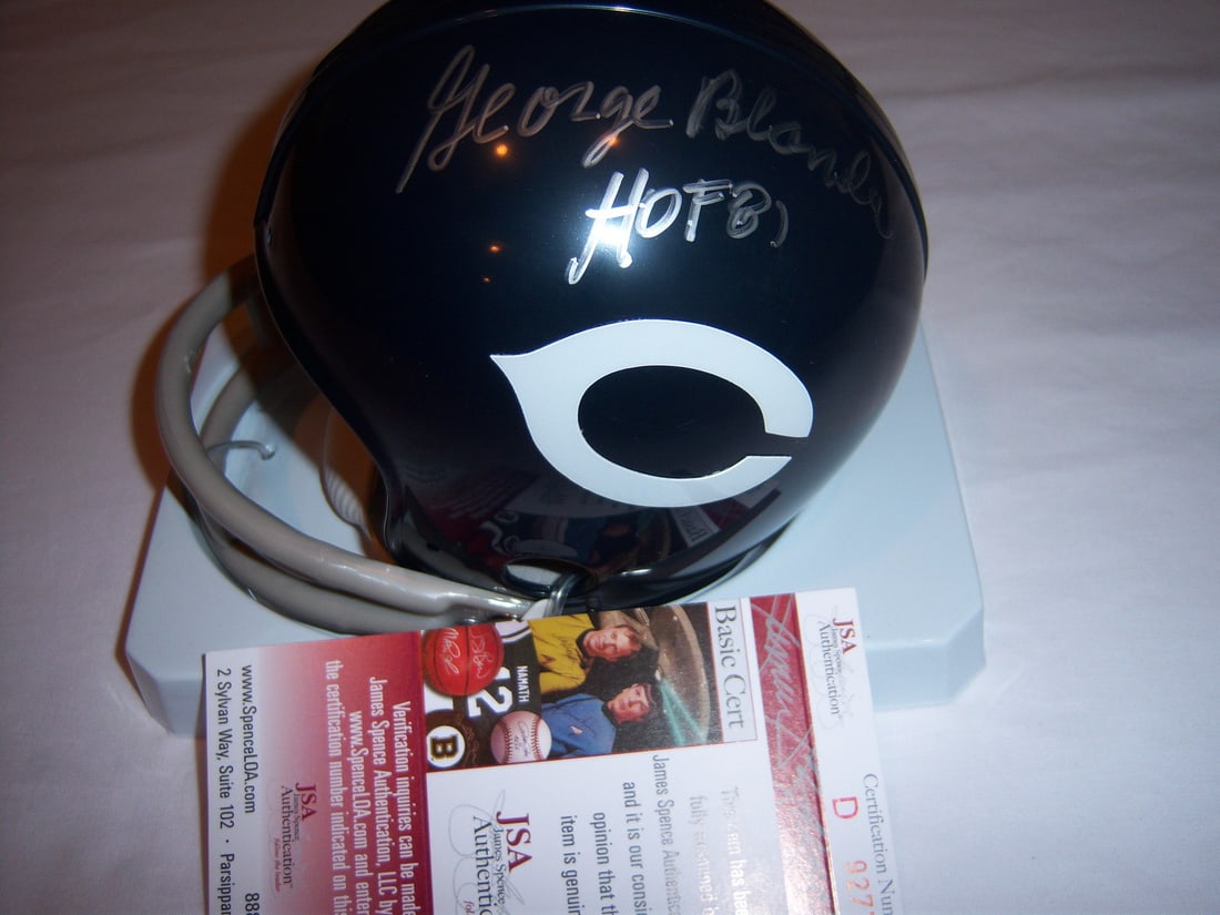 George Blanda Autographed Chicago Bears Mini Helmet with JSA COA: George Blanda Autographed Chicago Bears Mini Helmet with JSA COA This pre-owned mini football helmet features the signature of George Blanda from the Chicago Bears. It is an original item, not a repri
