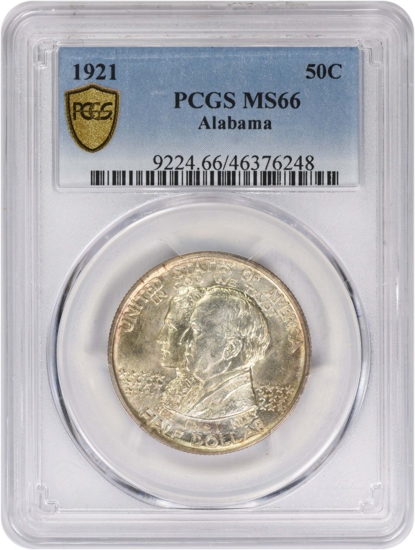 1921 Alabama Silver Half Dollar Commemorative Coin PCGS MS66: 1921 Alabama Silver Half Dollar Commemorative Coin PCGS MS66 This is an Alabama Commemorative Silver Half Dollar from 1921, graded MS66 by PCGS. Struck in silver, this uncirculated half dollar was iss