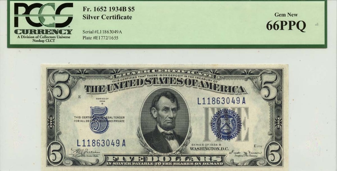 1934B $5 Silver Certificate Gem 66PPQ PCGS Currency FR#1652: 1934B $5 Silver Certificate Gem 66PPQ PCGS Currency FR#1652 This 1934B $5 Silver Certificate is a must-have for currency collectors. Graded as MS66 by PCGS, this uncirculated note boasts certification