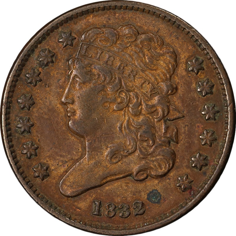 1832 C-3 R.1 Classic Head Half Cent XF Copper Coin: 1832 C-3 R.1 Classic Head Half Cent XF Copper Coin An original 1832 Classic Head Half Cent in circulated condition with nice eye appeal, a nice strike, and nice color. The coin is graded XF and is des