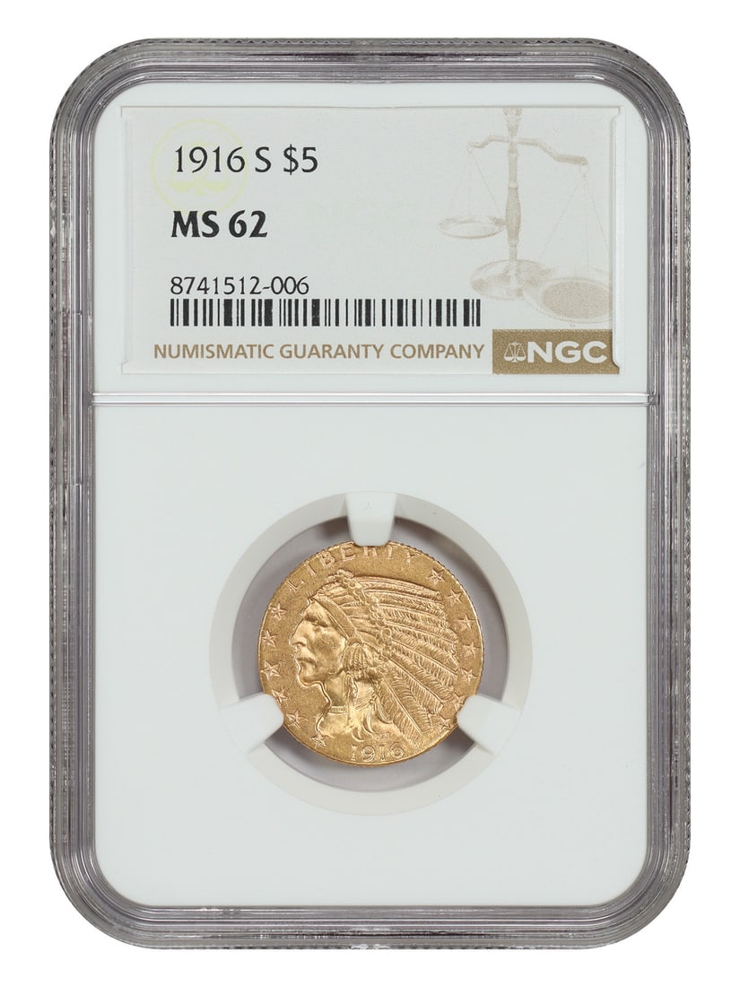 1916-S Indian $5 Gold Coin NGC MS62 San Francisco Mint: 1916-S Indian $5 Gold Coin NGC MS62 San Francisco Mint 1916-S $5 Indian Head gold coin certified by NGC and graded MS62. This San Francisco Mint issue is from the Indian $5 series and features Bela Ly