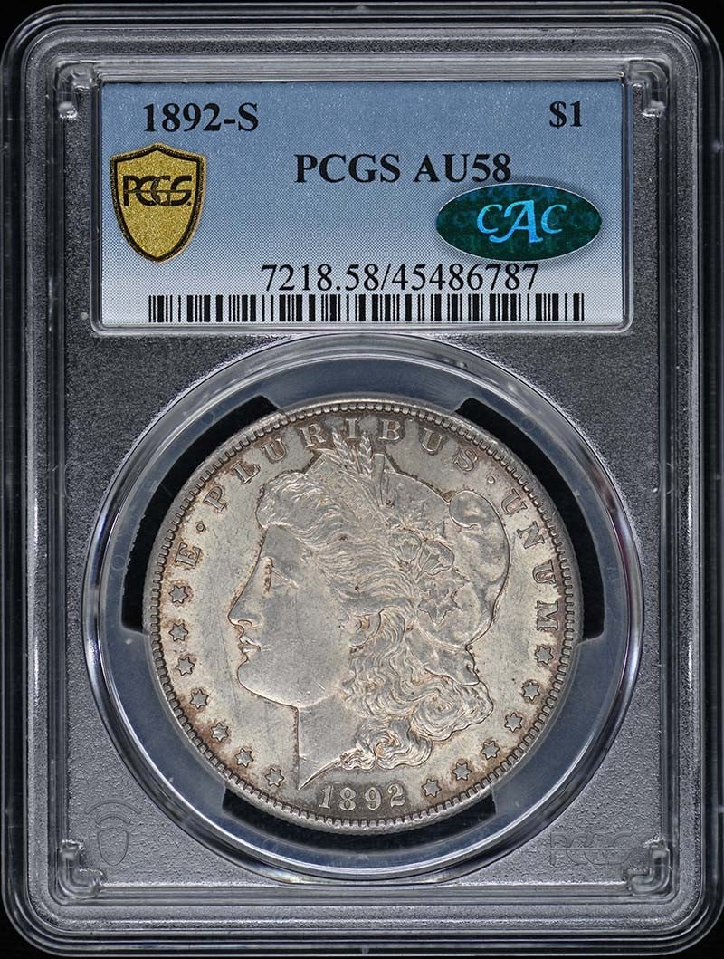 1892-S Morgan Dollar PCGS AU58 CAC Certified San Francisco: 1892-S Morgan Dollar PCGS AU58 CAC Certified San Francisco This 1892-S Morgan Dollar is a remarkable piece graded AU58 by PCGS and features CAC designation for quality assurance. Minted in San Francis