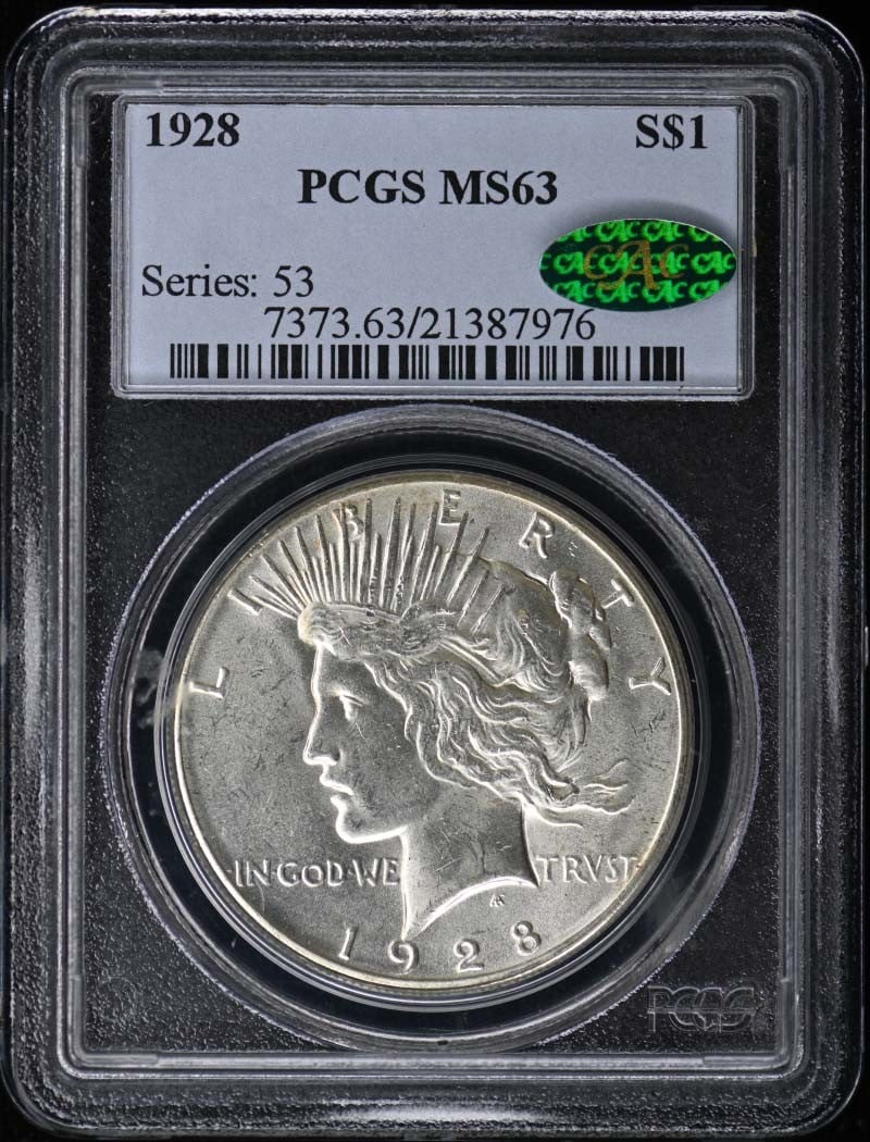 1928 Peace Dollar MS63 Graded by PCGS With CAC Approval: 1928 Peace Dollar MS63 Graded by PCGS With CAC Approval This is a 1928 $1 Peace Dollar graded MS63 by PCGS, featuring a CAC sticker. The coin is uncirculated and was minted in Philadelphia. It is a pr