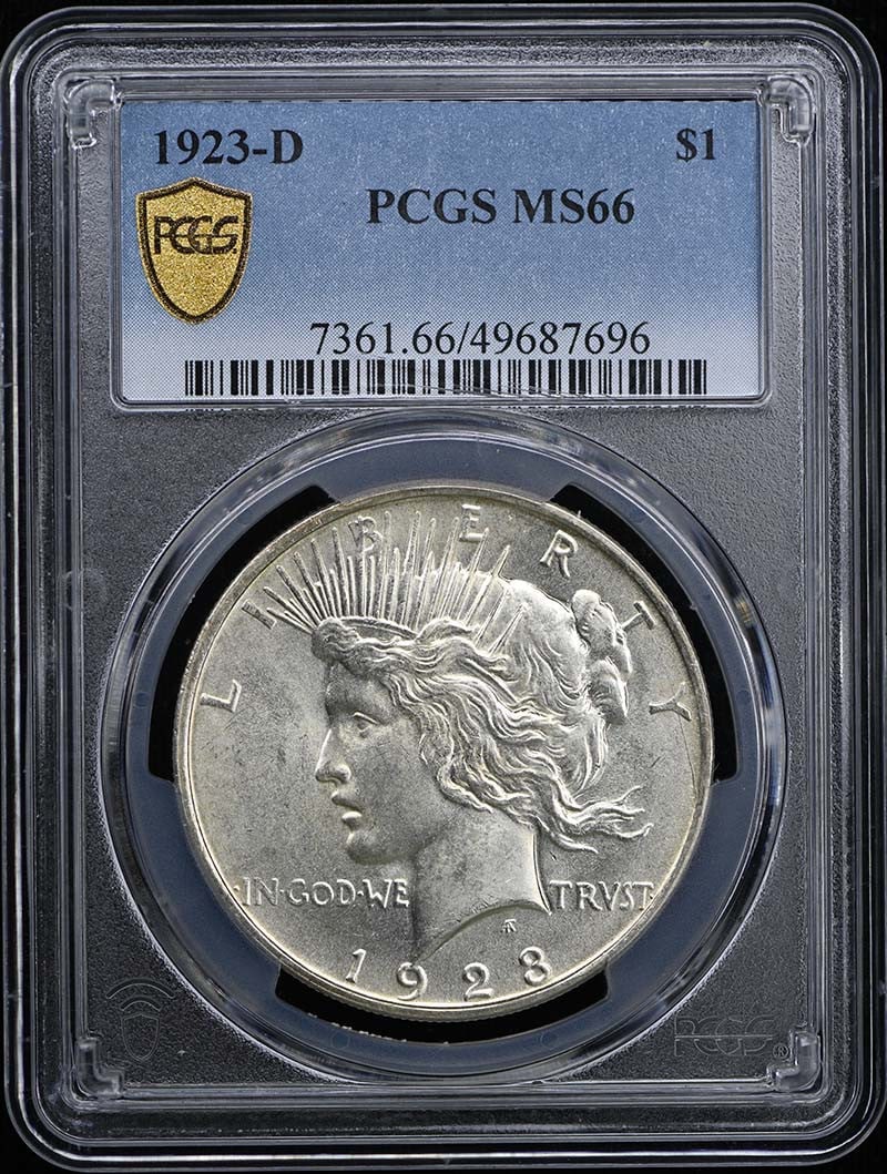 1923-D Peace Dollar PCGS MS66 Uncirculated Denver Mint: 1923-D Peace Dollar PCGS MS66 Uncirculated Denver Mint This 1923-D $1 Peace Dollar is certified by PCGS with a grade of MS66, indicating its uncirculated condition. Minted in Denver, this coin reflect