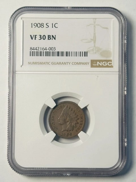 1908-S Indian Head Copper Cent NGC VF-30 BN: 1908-S Indian Head Copper Cent NGC VF-30 BN This 1908 Indian Head cent was minted in San Francisco and is certified by NGC with a grade of VF 30 BN. Composed of copper, this circulated coin is a notab