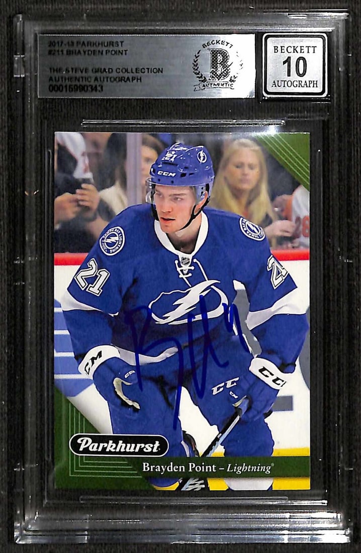 2017-18 Parkhurst #211 Brayden Point Autographed Hockey Card Beckett 10: 2017-18 Parkhurst #211 Brayden Point Autographed Hockey Card Beckett 10 This is an original 2017-18 Parkhurst #211 sports trading card featuring Brayden Point of the Tampa Bay Lightning. The card has 