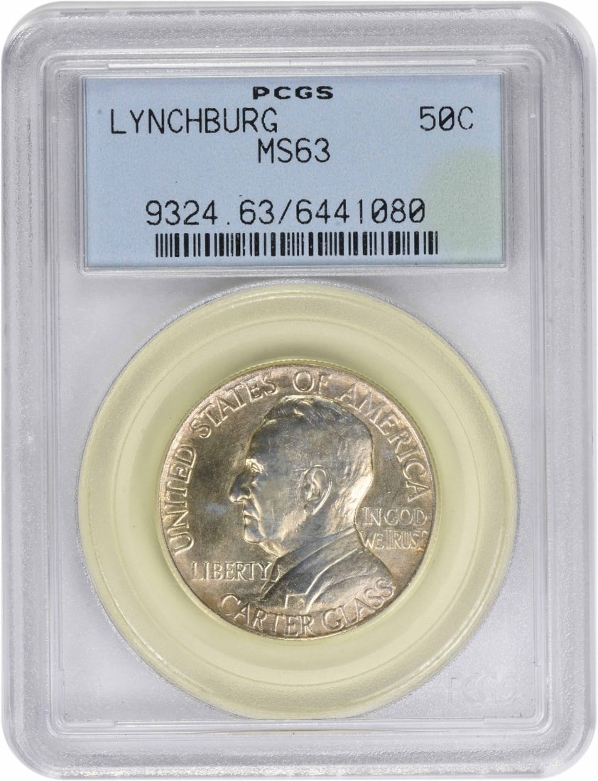 1936 Lynchburg Silver Commemorative Half Dollar MS63 Graded by PCGS: 1936 Lynchburg Silver Commemorative Half Dollar MS63 Graded by PCGS This Lynchburg Commemorative Silver Half Dollar from 1936 is an uncirculated coin graded MS63 by PCGS. Struck at the Philadelphia Mi