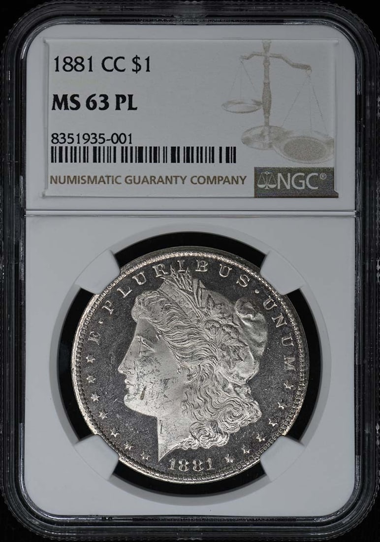 NGC MS63PL Carson City 1881 Morgan Dollar: NGC MS63PL Carson City 1881 Morgan Dollar This 1881-CC Morgan Dollar is a United States silver coin certified by NGC with a grade of MS63PL, indicating a Mint State, proof-like strike. Minted in Carso