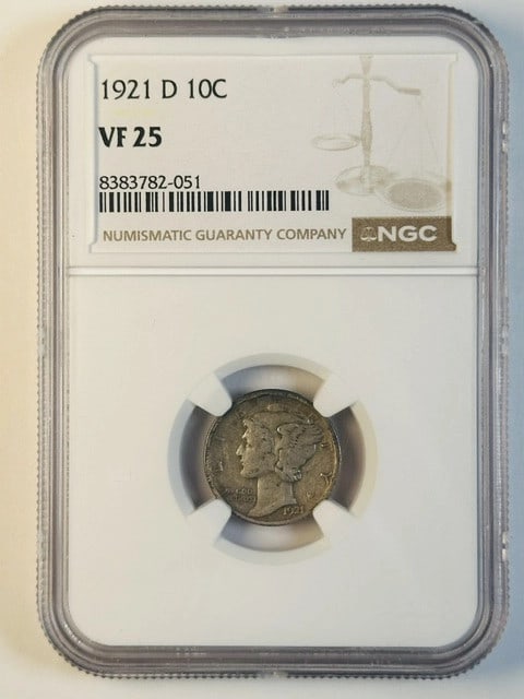 1921 Denver Silver Dime NGC VF-25: 1921 Denver Silver Dime NGC VF-25 This is a 1921 Mercury Dime minted in Denver, graded VF-25 by NGC. The coin is composed of silver and is in circulated, pre-owned condition. It has been certified by 