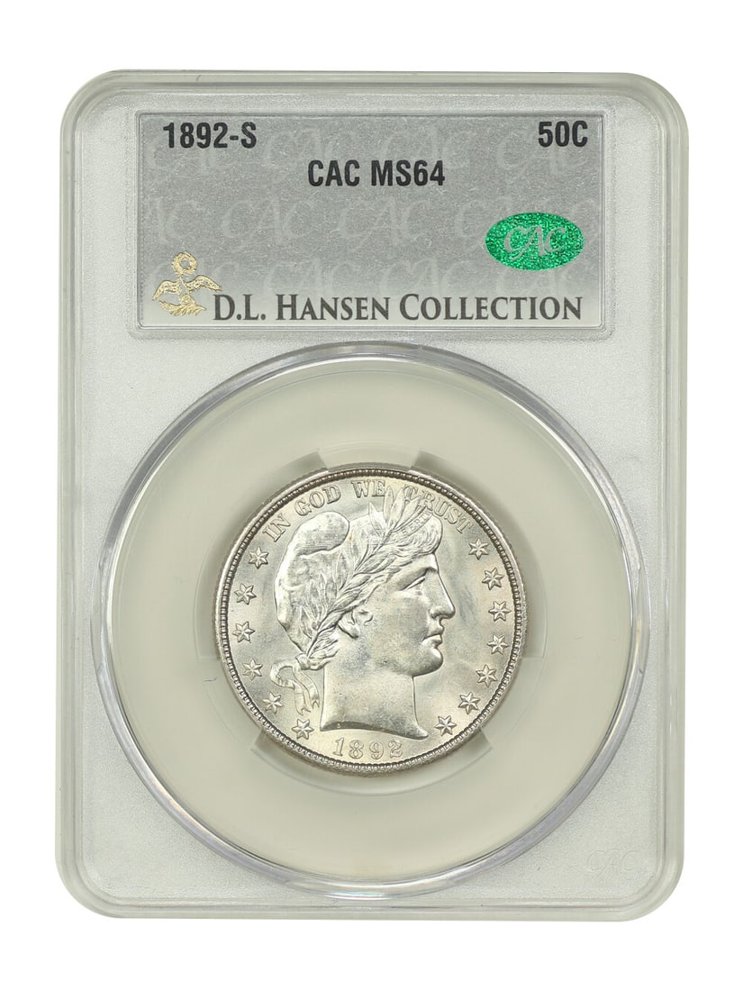 CACG MS64 1892-S Barber Half Dollar 50C ex D.L. Hansen: CACG MS64 1892-S Barber Half Dollar 50C ex D.L. Hansen This 1892-S Barber Half Dollar is certified CACG MS64 and is described as a very tough first-year S-mint issue from a mintage of 1,029,028 coins.