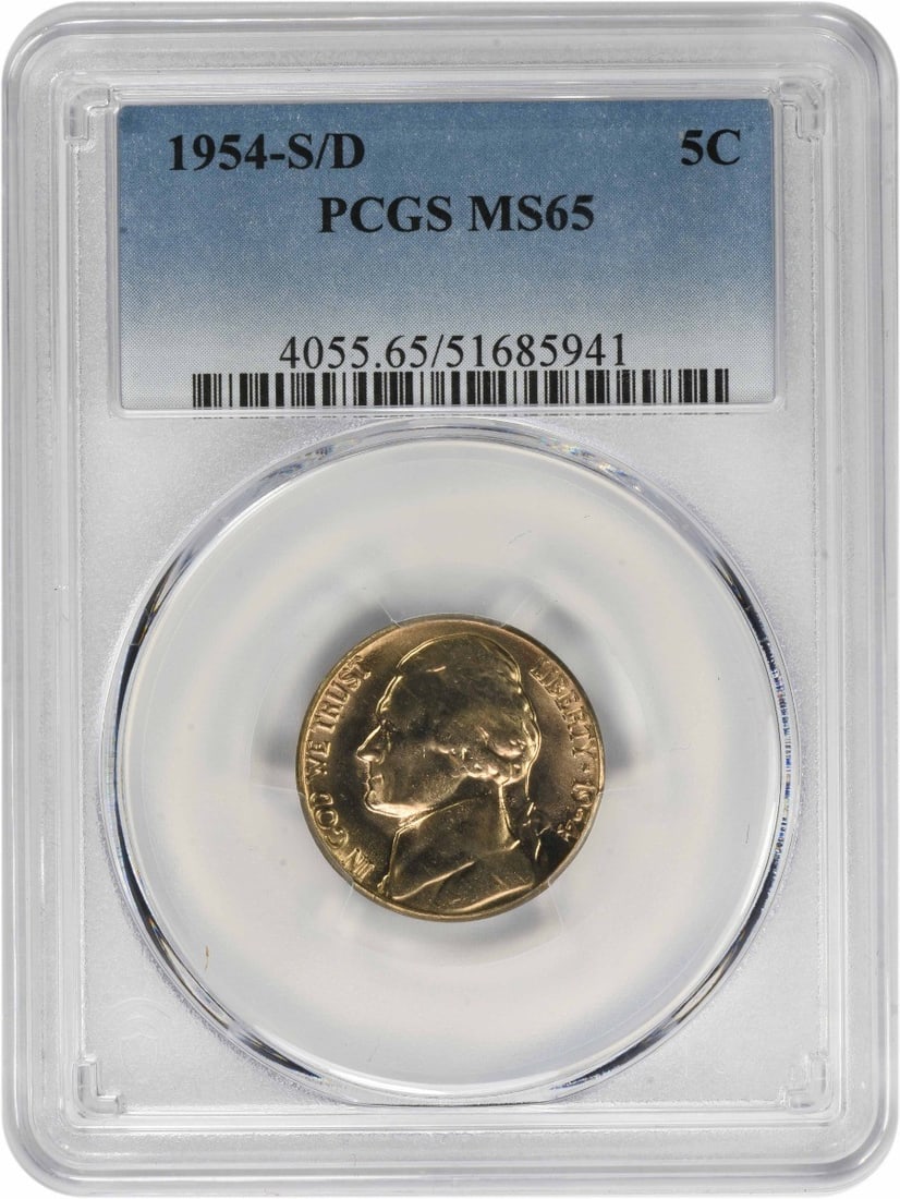 1954-S/D Jefferson Nickel MS65 PCGS Uncirculated Coin: 1954-S/D Jefferson Nickel MS65 PCGS Uncirculated Coin This 1954-S/D Jefferson Nickel is a highly collectible coin, certified by PCGS with a grade of MS65. Struck in San Francisco, this uncirculated co