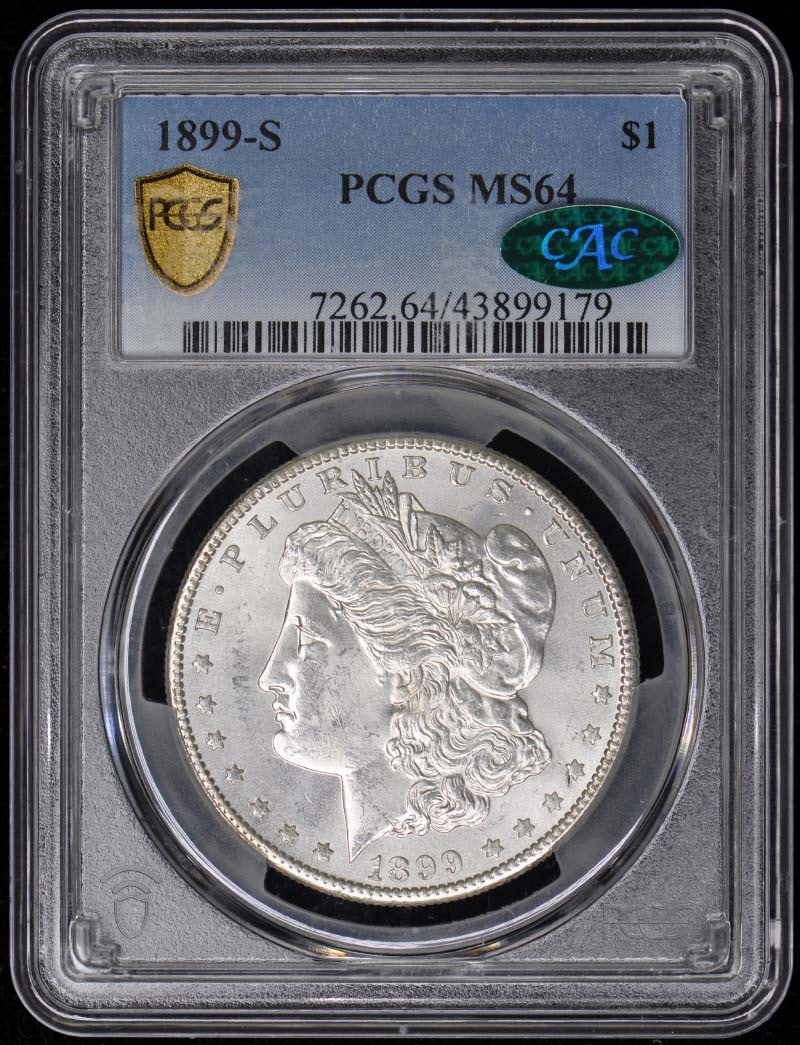 1899 San Francisco Morgan Dollar PCGS MS64 CAC: 1899 San Francisco Morgan Dollar PCGS MS64 CAC This is an 1899 Morgan Dollar coin minted in San Francisco, graded MS64 by PCGS and also recognized by CAC. The coin is uncirculated and features the cla
