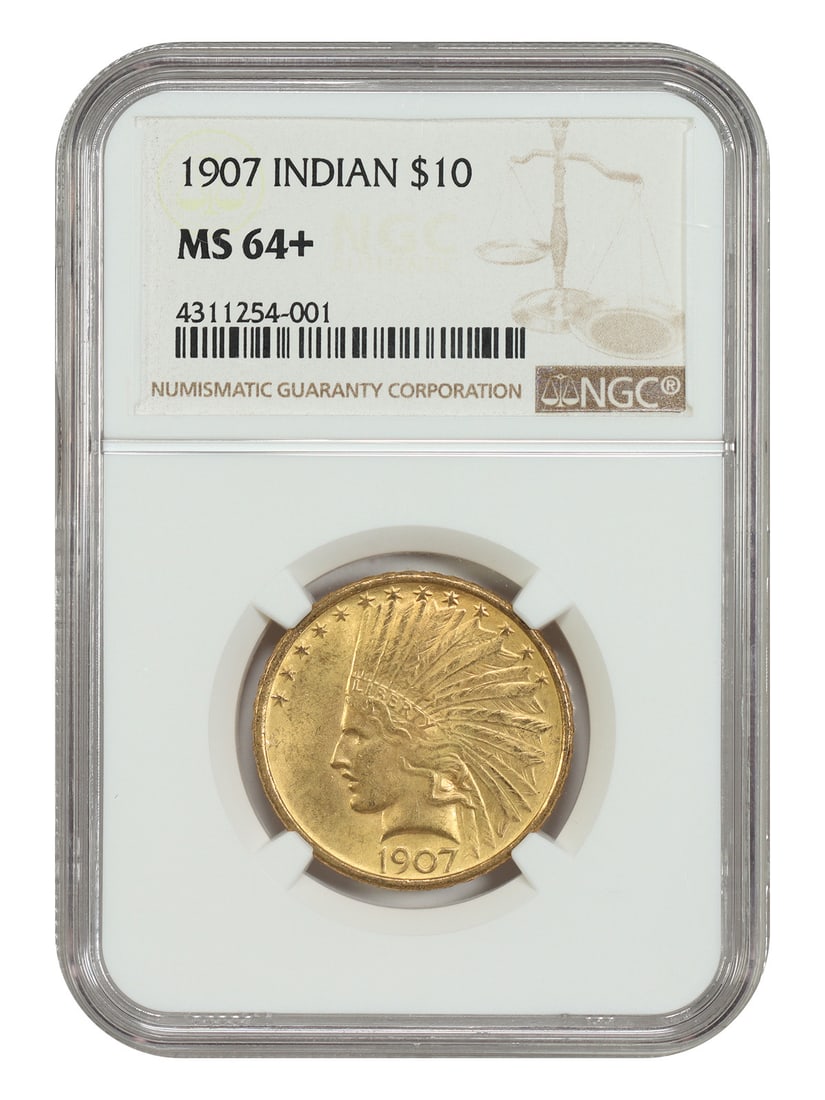 NGC MS64+ 1907 Indian $10 Gold Coin No Motto First Year: NGC MS64+ 1907 Indian $10 Gold Coin No Motto First Year A bold and lustrous 1907 $10 Indian gold coin graded NGC MS64+ with no motto. This desirable first-year issue from the Indian $10 series is a pl