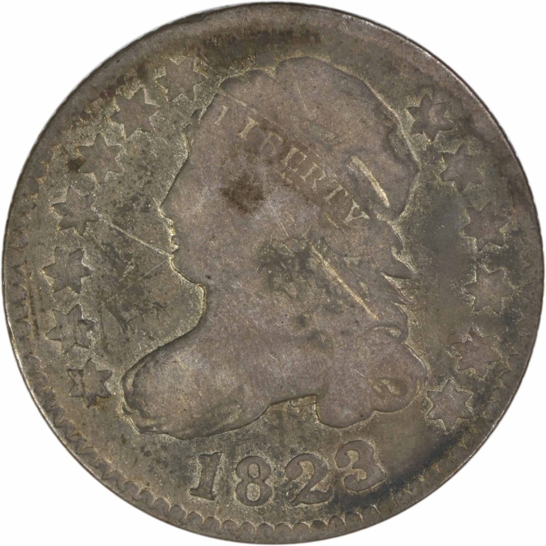 Capped Bust 1823 Over 2 Silver Dime Large Es Philadelphia Uncertified: Capped Bust 1823 Over 2 Silver Dime Large Es Philadelphia Uncertified This 1823/2 Capped Bust silver dime from the Philadelphia Mint is a circulated coin graded as G (Good). Designed by John Reich, it