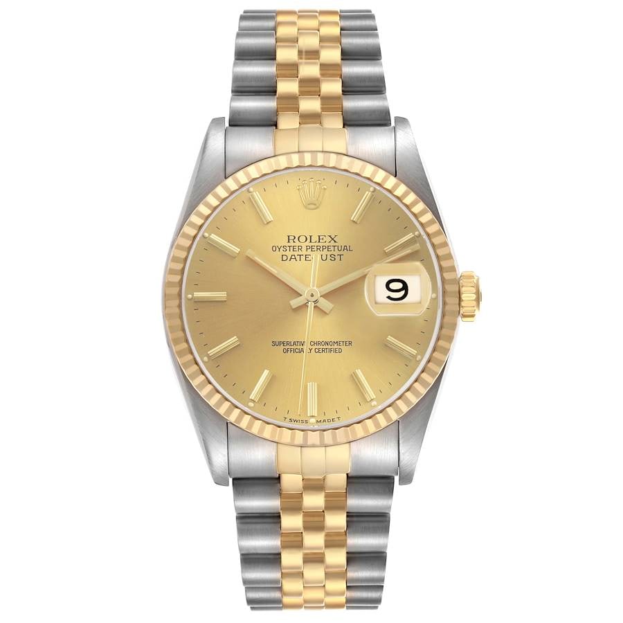 Rolex Datejust 16233 Champagne Dial Jubilee Papers 1996: Rolex Datejust 16233 Champagne Dial Jubilee Papers 1996 This Rolex Datejust features a champagne stick dial and is paired with a D-Link Jubilee bracelet. The watch has a fluted bezel and comes with pa