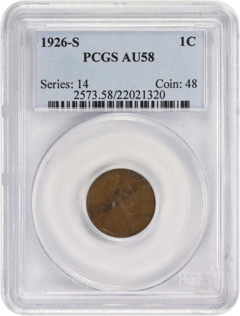 PCGS AU58 1926-S Lincoln Wheat Copper Cent: PCGS AU58 1926-S Lincoln Wheat Copper Cent This is a 1926-S Lincoln Wheat Cent graded AU58 by PCGS. The coin is composed of copper and originates from the United States. It is a circulated coin in pre
