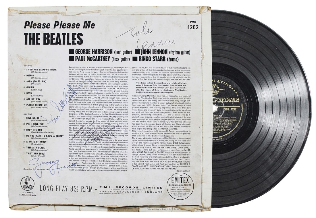 The Beatles Signed Please Please Me Album Cover with COA: The Beatles Signed Please Please Me Album Cover with COA This is a rare original signed album cover from The Beatles, featuring the signatures of legendary members John Lennon, Paul McCartney, George 