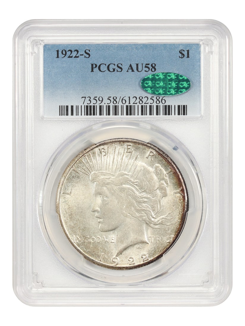 1922 San Francisco Peace Dollar $1 PCGS AU58 CAC: 1922 San Francisco Peace Dollar $1 PCGS AU58 CAC A 1922-S Peace Dollar $1 coin certified by PCGS and graded AU58. This circulated example was minted in San Francisco and is offered in pre-owned condit
