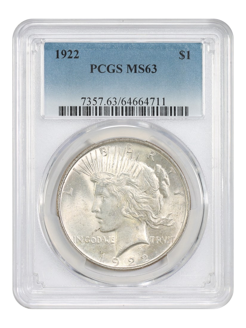 PCGS MS63 1922 Peace Dollar $1: PCGS MS63 1922 Peace Dollar $1 This 1922 Peace Dollar is a $1 coin certified by PCGS and graded MS63. It is an uncirculated Philadelphia issue from the Peace Dollar series and is offered in pre-owned 