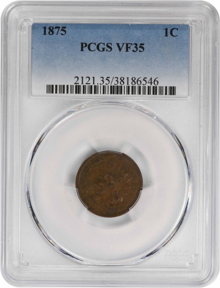 1875 Indian Head Cent PCGS VF35 Copper: 1875 Indian Head Cent PCGS VF35 Copper This is an 1875 Indian Head Cent, graded VF35 by PCGS. The coin is circulated and features the small cent denomination. It is composed of copper and was minted i