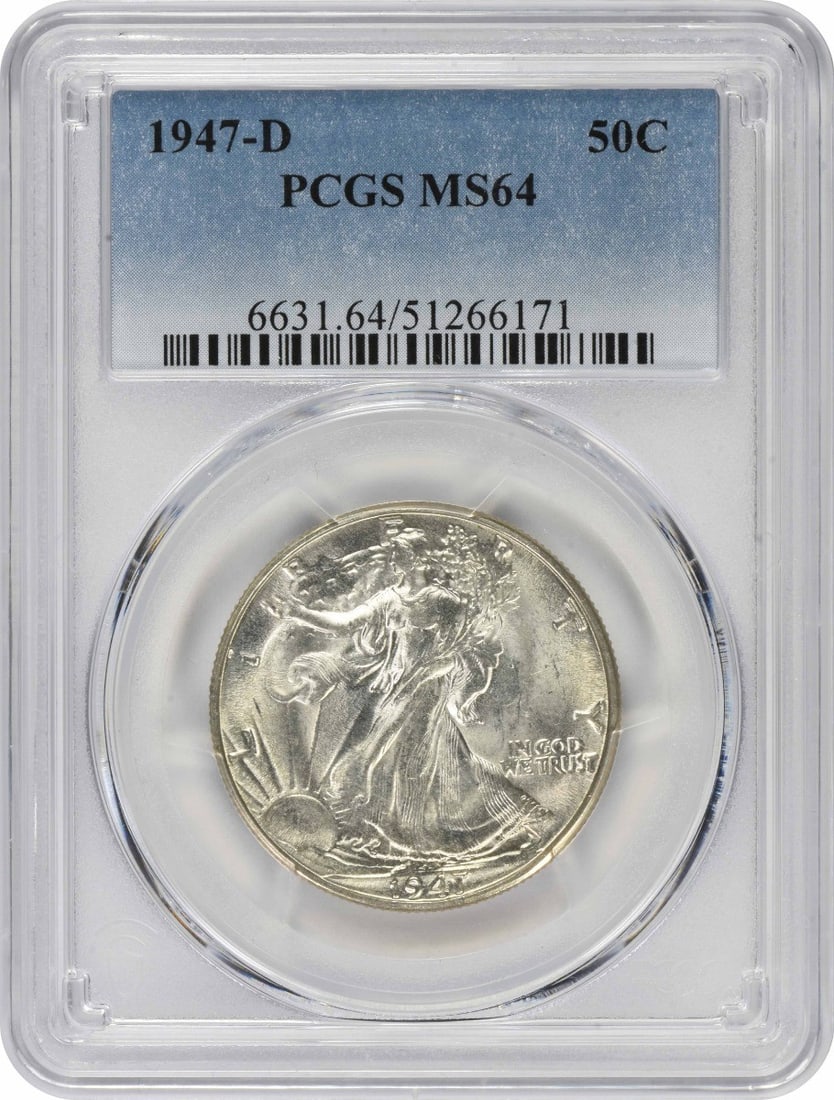PCGS MS64 1947-D Walking Liberty Silver Half Dollar: PCGS MS64 1947-D Walking Liberty Silver Half Dollar This is a 1947-D Walking Liberty Silver Half Dollar graded MS64 by PCGS. The coin is uncirculated and features the classic Liberty Walking design. I