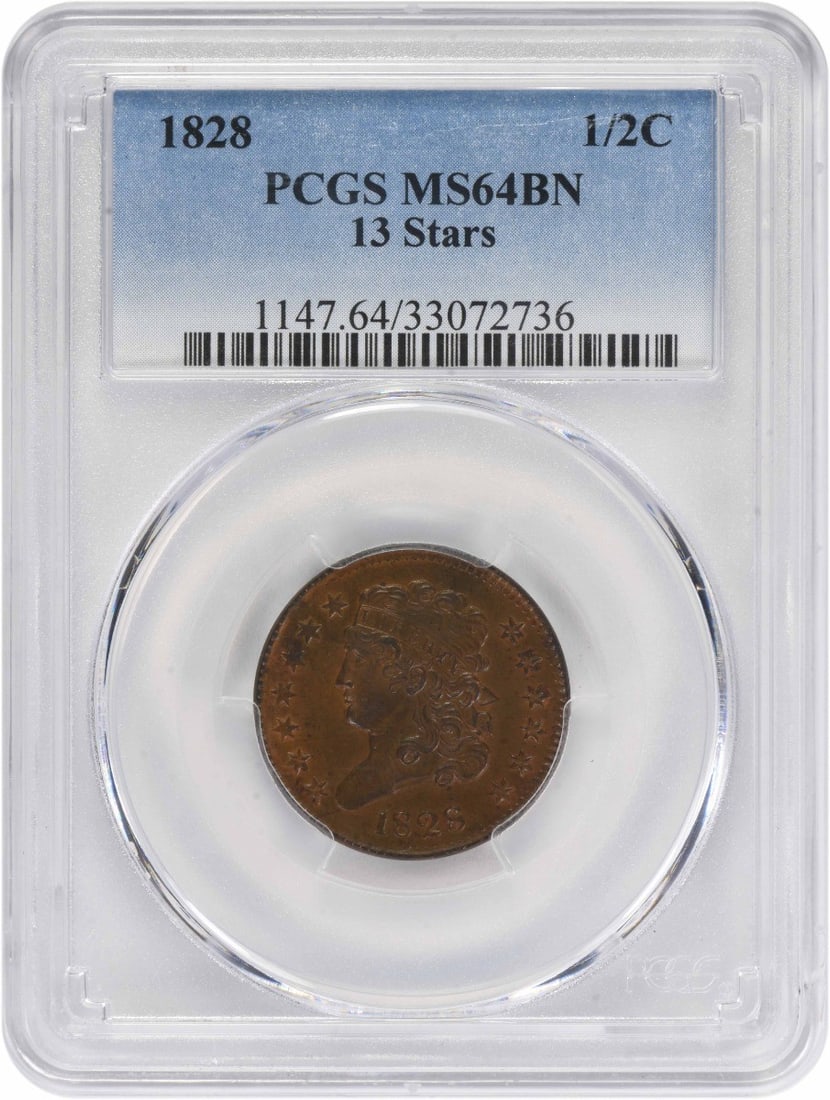 Classic Head 1828 Half Cent Copper Coin PCGS MS64BN Graded: Classic Head 1828 Half Cent Copper Coin PCGS MS64BN Graded This 1828 Classic Head Half Cent is graded MS64BN by PCGS, indicating an uncirculated, pre-owned coin with a brown finish. Minted in Philadel